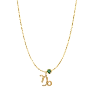 Detail of gold Capricorn necklace with emerald gemstone and sparkling micro-inlaid diamonds