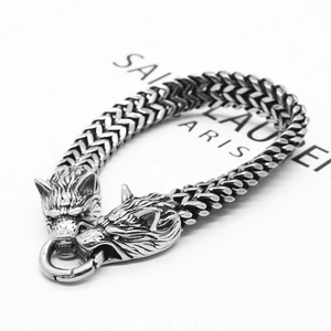 Viking style stainless steel wolf head bracelet with heavy braided wheat chain in silver finish