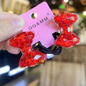 Sparkling red glitter bow hair ties for girls with high elasticity black rubber bands