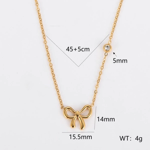 Gold bow necklace with sparkling diamond pendant and detailed size measurements