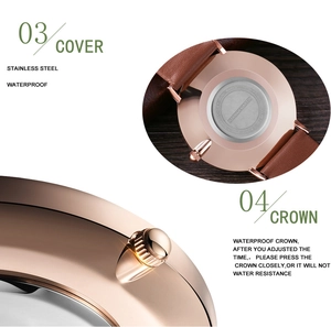 Detailed macro view of 3ATM waterproof stainless steel watch case back and rose gold crown