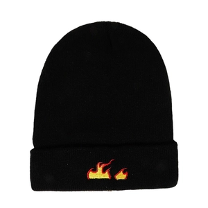 Fashionable black knit beanie with red and yellow flame embroidery for autumn and winter