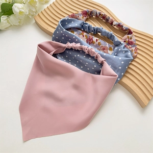 Satin fabric headscarves in pink, blue polka dot and floral patterns with elastic bands