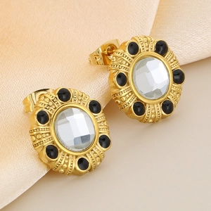 Boucles d'oreilles vintage en acier plaqué or 18K avec cristaux blancs ronds