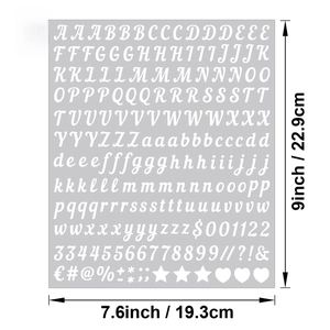 Detailed sheet showing 0.5 inch black vinyl alphabet stickers with full size measurements