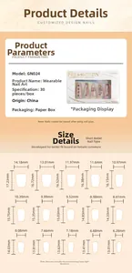 Size chart for GN024 short ballerina press-on nails with 30 pieces and dimensions detail
