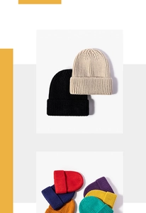 Detailed view of knitted beanie hats in various colors with thick elastic ribbed texture