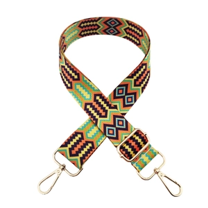 Detail of adjustable colorful geometric woven strap with premium gold metal swivel hooks