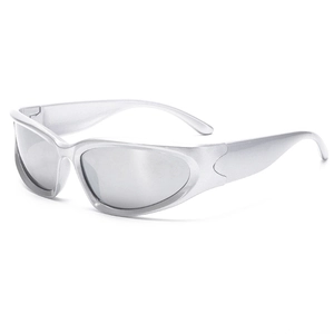 Kids sporty silver oval sunglasses with futuristic Y2K wraparound frames and mirror lenses