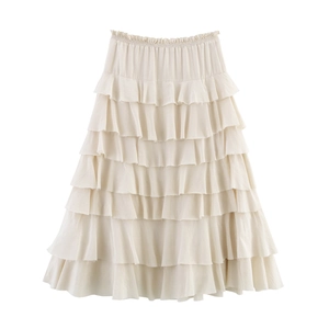 Tiered Midi Skirt Ruffle High Elastic Waist Solid Color Elegant Layered Cake Skirt For Women Streetwear
