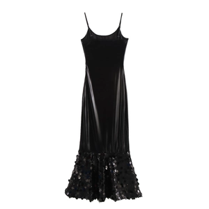 Sexy black bodycon maxi dress with satin top and shimmering sequin mermaid skirt hem