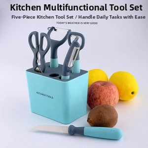 Close-up of a 5-piece teal and grey kitchen tool set including peelers and scissors