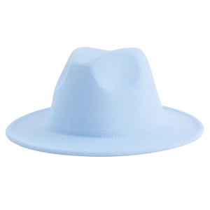 Detail of light blue wool felt fedora hat showing elegant wide brim and classic texture
