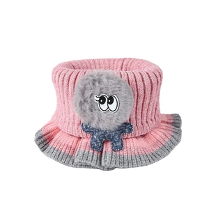 Pink knitted baby neck warmer with a cute cartoon plush pompom and star bow for winter