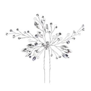 Elegant silver bridal hair pin with handmade pearls and leaf rhinestones for weddings