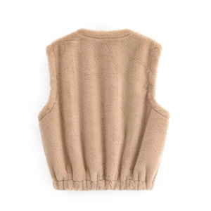 Back view of camel faux fur vest with round neck and elastic hem for women