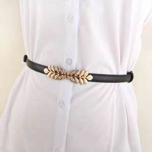 Cinturón Estrecho de Cuero PU para Mujer Con Hebilla de Aleación de Hoja Dorada Correa de Cintura Ajustable para Vestidos Camisas Cinturón de Moda Versátil