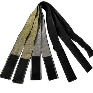 Three-piece set of glitter wig grip bands in gold, silver, and black with velcro closure