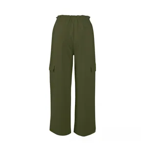 Rear view of dark green wide-leg cargo pants featuring elastic waist and utility pockets