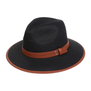 Classic black straw fedora with brown leather belt and metal studs on white background