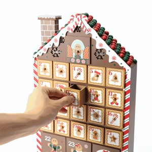 Wooden 24-day advent calendar gingerbread house with drawers for Christmas home decor