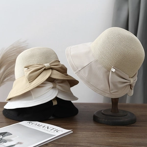 Women Sun Hat Straw Fabric Patchwork Wide Brim Big Bow Summer Beach Elegant French Style For Ladies UV Protection