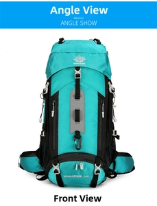 Macro shot of 60L outdoor backpack showing ripstop fabric and functional buckles
