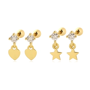 Heart Star Stud Earrings 925 Sterling Silver With CZ Inlaid Screw Back Cartilage Piercing Jewelry For Women