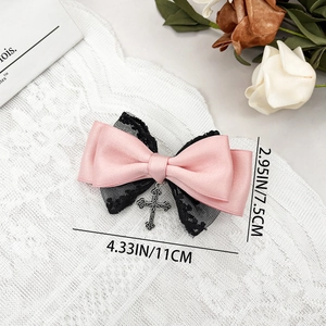 Gothic pink bow hair clip with black lace and silver cross pendant, 11cm Lolita headpiece