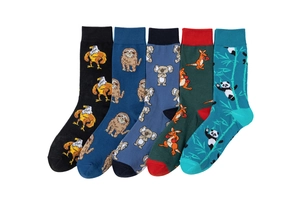Five pairs of cotton socks featuring cartoon eagle, sloth, koala, kangaroo, and panda motifs