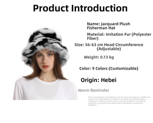 Detail showing plush black and white spotted faux fur texture on an adjustable bucket hat