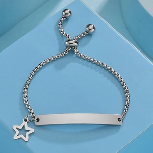 Polished silver ID bar bracelet with star charm on box chain with bolo closure
