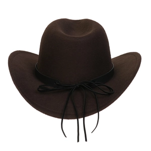 Detailed close-up of a brown vintage cowboy hat with a black leather band and cord wrap