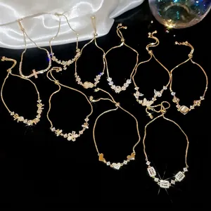 Elegant gold plated bracelets with zircon flower and butterfly charms for women