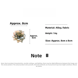 Detailed specs for green fabric rose hair clip showing 8x8cm size and 7.6g weight info