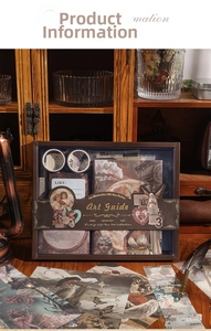Close-up of Art Guide vintage stationery gift box set including stickers and washi tapes