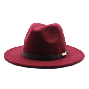 Classic burgundy wool fedora hat with wide brim and black leather band for men and women