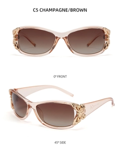 Detail view of champagne Y2K polarized sunglasses featuring butterfly metal accents