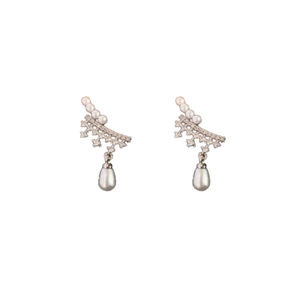 Elegant silver pearl drop earrings featuring sparkling zircon and vintage French design