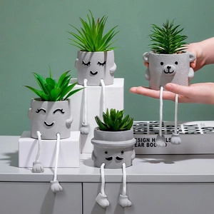 Artificial Succulent Plants In Cement Texture Resin Pots With Hanging Legs Cartoon Face Faux Greenery Desktop Decor