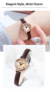Detail of elegant quartz watch with rose gold case, cream dial and brown leather strap