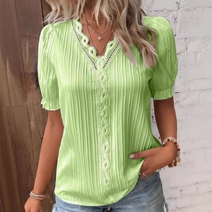 Light green short sleeve hollow-out blouse with pleated fabric and delicate lace trim