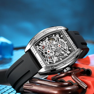 Men's mechanical sports watch with barrel-shaped hollow dial and black silicone strap