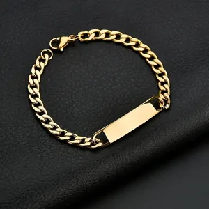 Golden titanium steel cuban link ID bracelet with a polished rectangular metal bar