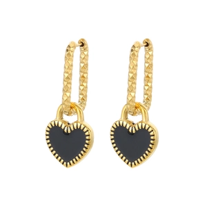 Modern vintage heart dangle earrings with golden geometric hoop and black enamel detail