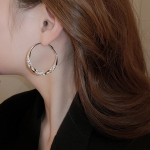 Close-up of twisted silver earrings with rhinestones on a female model side profile