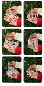 Pink translucent Christmas ornaments set featuring snowflake, crown, and reindeer designs