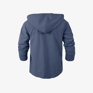 Detailed back view of a men's navy blue striped linen-blend hoodie with drawstrings
