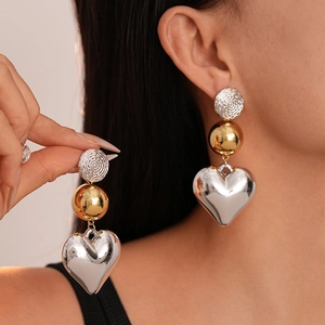 Exaggerated Heart Drop Earrings Alloy Geometric Gold Silver Contrast With 925 Sterling Silver Earring Post Women Vintage