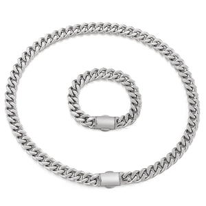 Polished silver cuban link jewelry set featuring a necklace and bracelet on white background